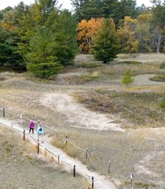 People walking along the boardwalk through the dunes at Kohler-Andrae State Park.