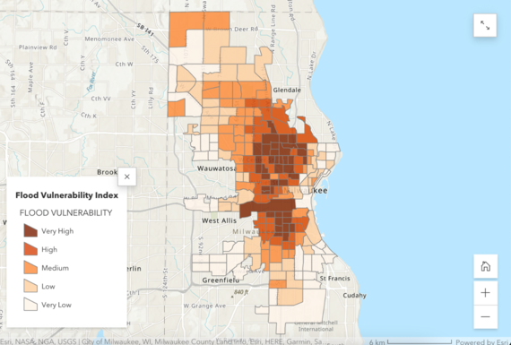 A map showing the areas of Milwaukee, WI that are vulnerable to flooding.