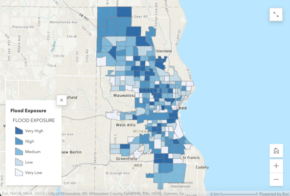 A map showing the flood exposure in the city of Milwaukee.