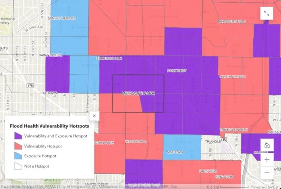 a map showing flood health vulnerability in Metcalfe Park in Milwaukee, WI.