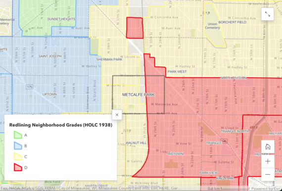 A map showing redlining in the Metcalfe Park neighborhood.