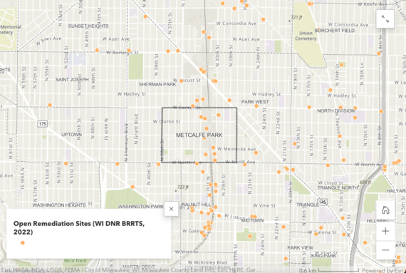 A map showing the brownfield remediation sites in Metcalfe Park.