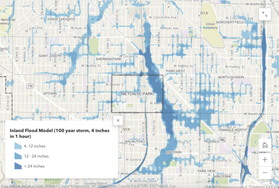 A map showing inland flood exposure of the Metcalfe Park neighborhood in Milwaukee, WI.