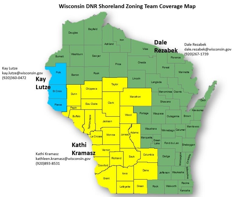 A map outlining the coverage of the Shoreland Zoning Team's coverage as is also outlined in the text preceding this image.