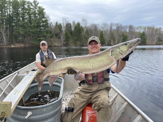 A DNR fisheries biologist holds up a muskellunge in a boat. In the background, another DNR staff members smiles. 