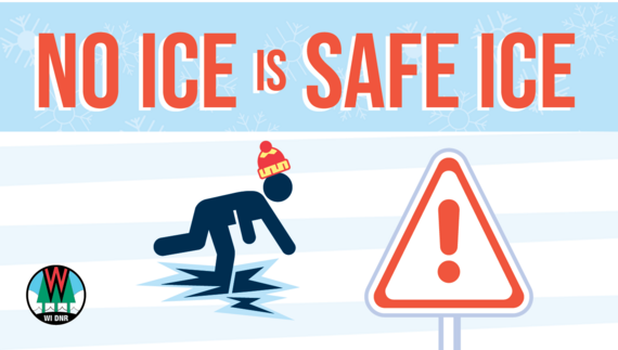 "No Ice Is Safe Ice" is written in bold across the top of the image of a stick figure falling through the ice. 