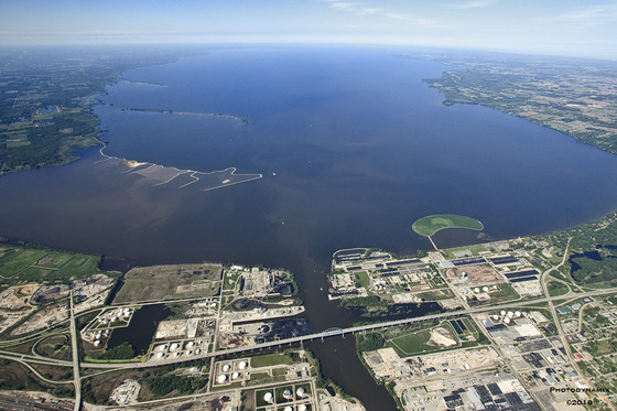 An aerial photo of the Fox River delta, where the river meets Green Bay. 