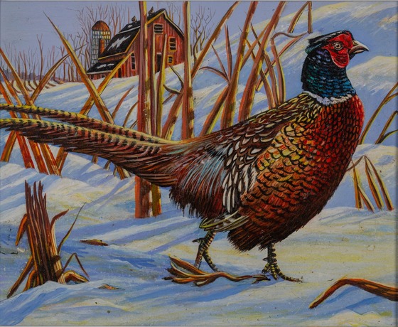 A painted scene of a pheasant walking along a farm field with a barn in the background. 