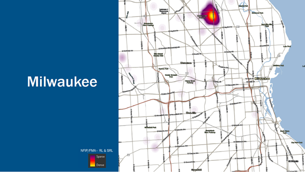 A heat map of the city of Milwaukee shows flooding events