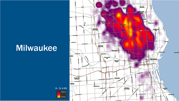 A heatmap of Milwaukee shows where insurance claims for urban flooding were made. 