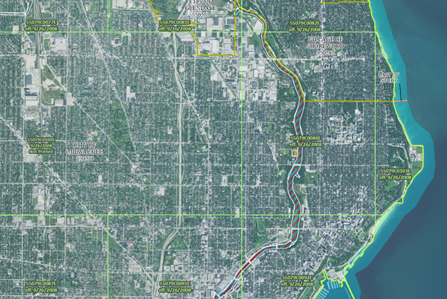 A map of Milwaukee shows the mapped floodplain for the city. 