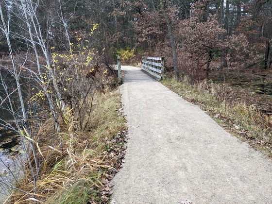 an accessible gravel trail over a bridge through woods