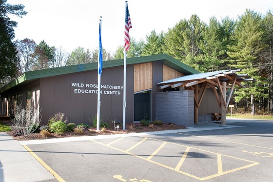 A gray building with a green roof and the words "Wild Rose Hatchery Education Center" on the front. An American and Wisconsin flag fly in front.