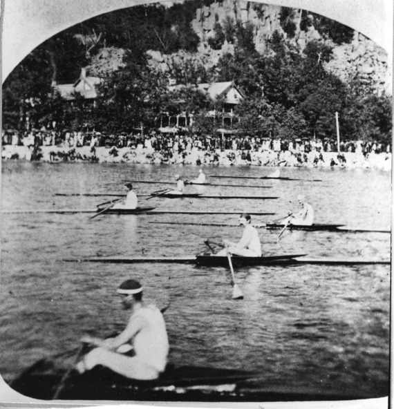Black and white photo of rowers at Devil's lake.