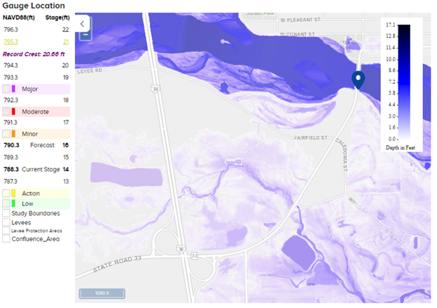 flooding inundation map for the Wisconsin River in Portage, Wisconsin