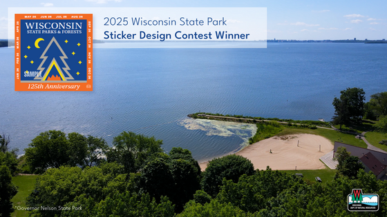 An image of a sample of the 2025 state vehicle admission sticker overlaid over a photo of Governor Nelson State Park.