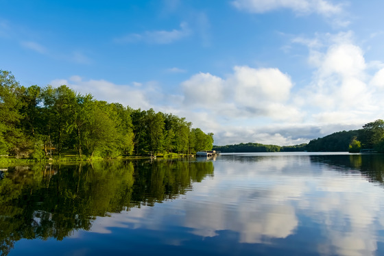 a calm Wisconsin lake surrounded by trees under a blue sky with clouds reflecting on the water