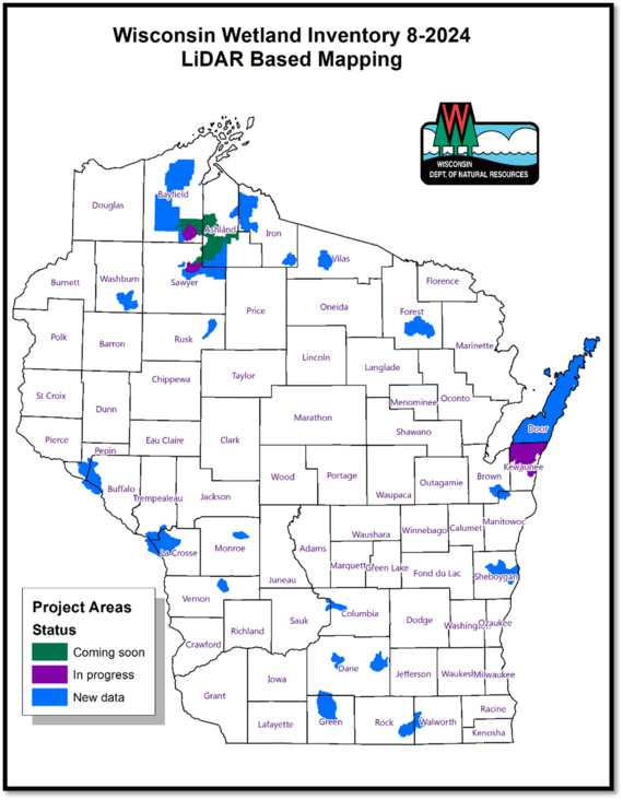 A map of Wisconsin with blue, green and magenta colored sections to show mapping changes.