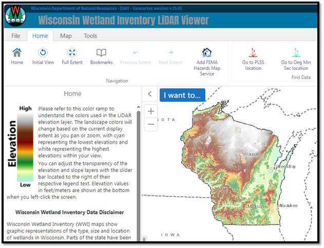 A screenshot of a computer showing a colored map of Wisconsin with the words "Wetland Inventory LiDar Viewer."