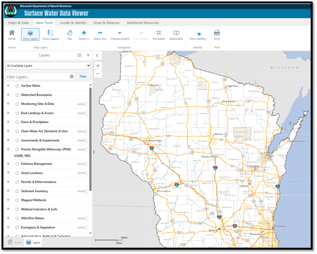 A screenshot of a computer screen with a map of Wisconsin and the words "Surface Water Data Viewer" on it.