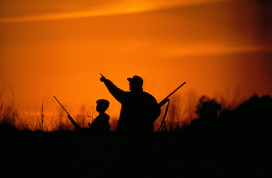 Two hunters in a field, one pointing at the sky, silhouetted by the setting sun. 