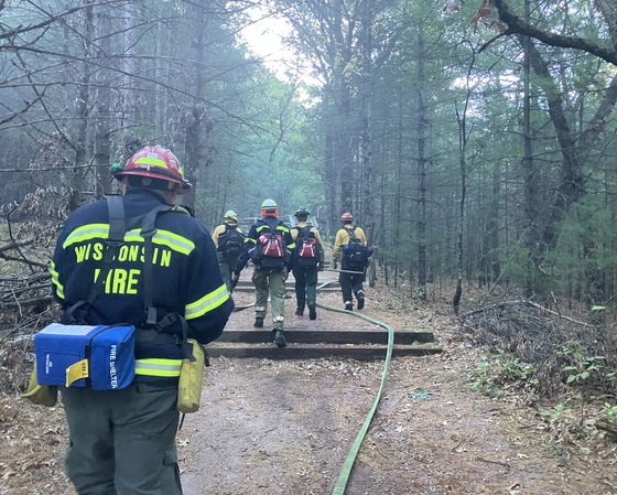 A crew of fire fighters walk through a trail in the woods carrying hoses and wearing fire fighting gear.