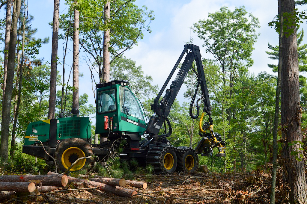 a machine harvesting wood in Wisconsin forest