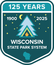 badge image showing a tent and a moon with text that reads "125 years Wisconsin State Park System"