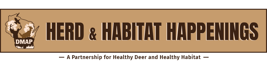 DMAP title banner that includes the DMAP logo of a deer outline and brown text that reads herd and habitat happenings.