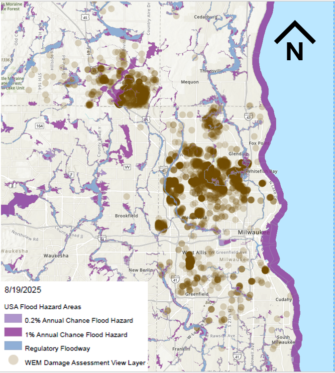 A map showing flood hazard areas along Lake Michigan's southeast Wisconsin coastline.