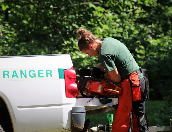 Image of a Woman Repairing a Chainsaw in a Truck bed