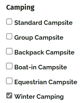 List of selectable filters for camping found on the Find A Park webpage.
