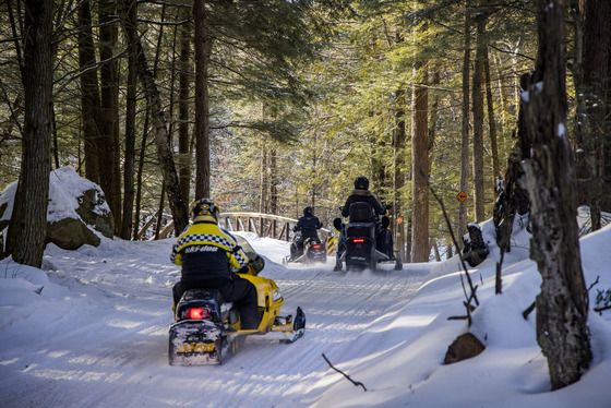 Snowmobilers ride through a forested trail with patches of sunlight filtering through the trees, crossing a small bridge covered in snow.