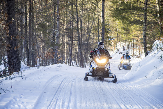 three individuals riding snowmobiles on a snowy trail through a forest.