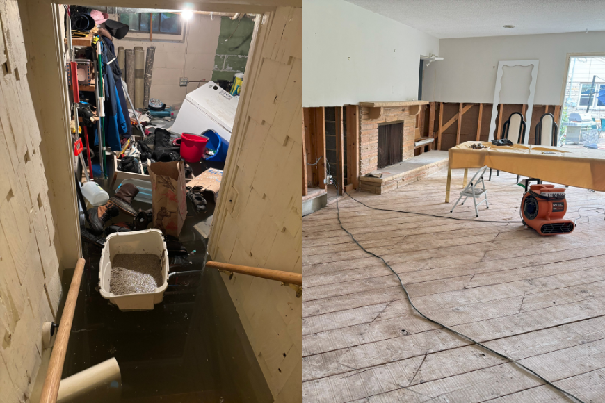 side by side photo of a flooded basement on the left and a main space under construction on the right after flooding