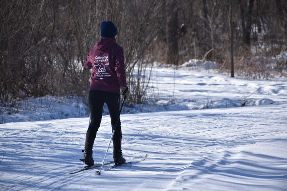 Woman cross country skiing in a forest