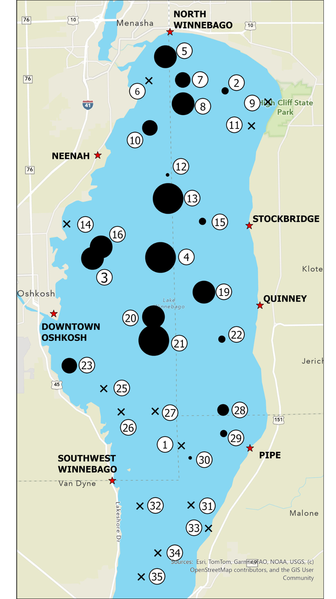 A map of Lake Winnebago showing catch rates and instar chrominoid larvae relative abundance.