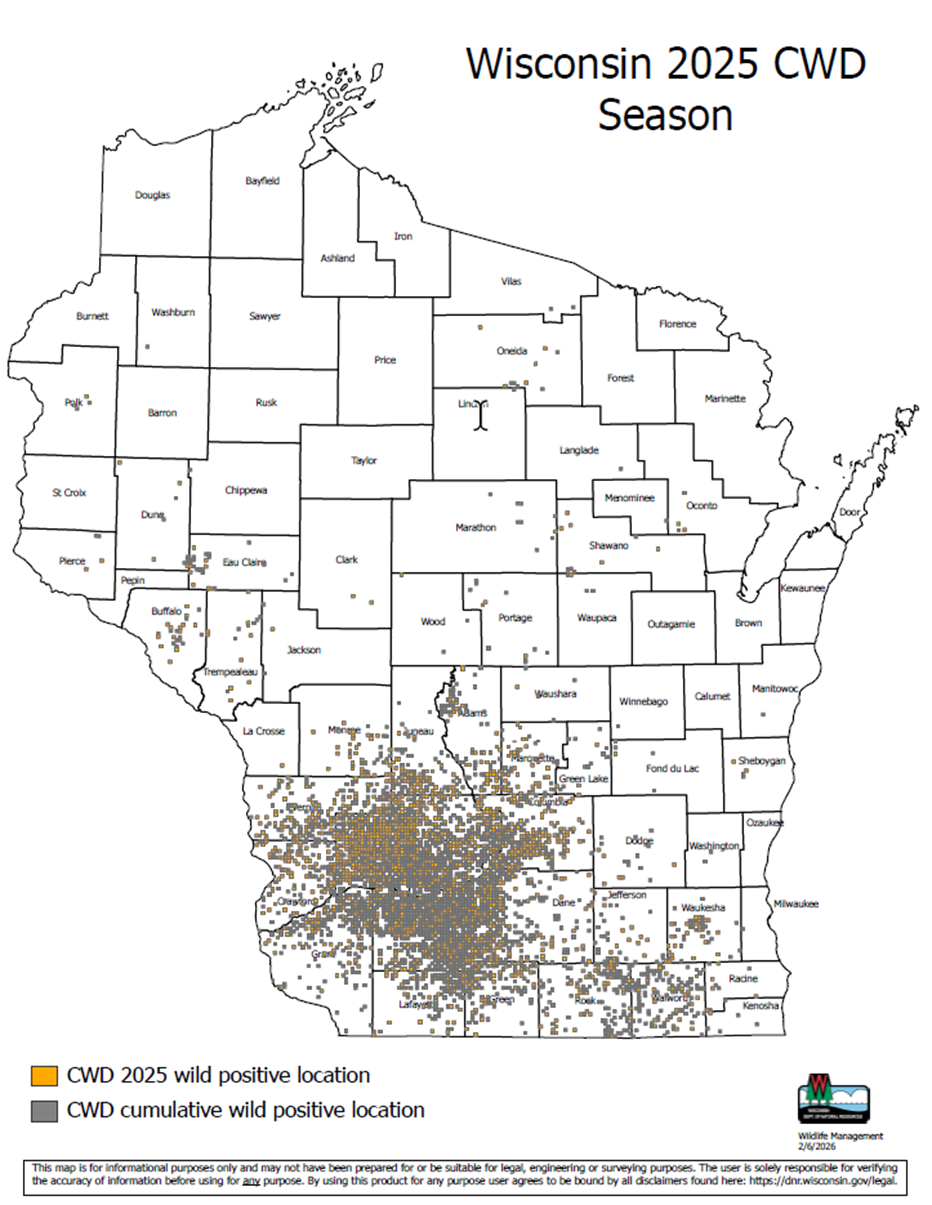 A map showing all 72 Wisconsin counties, featuring sporadic orange dots indicating the locations of positive CWD tests. 