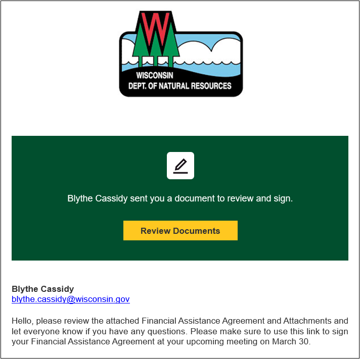 screenshot of Wisconsin DNR Docusign page saying Blythe Cassidy sent you a document to review and sign