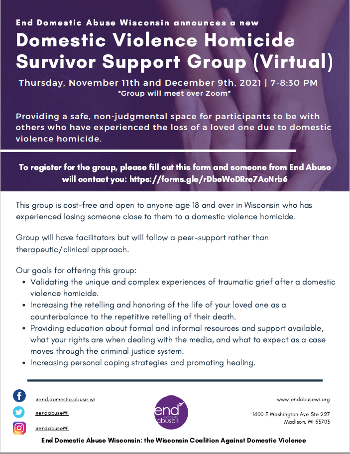 Domestic Violence Homicide Survivor Support Group (Virtual) Flyer