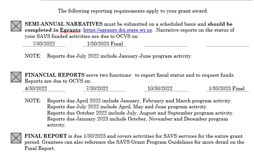 SAVS 2022 Reporting Requirements - Award Document