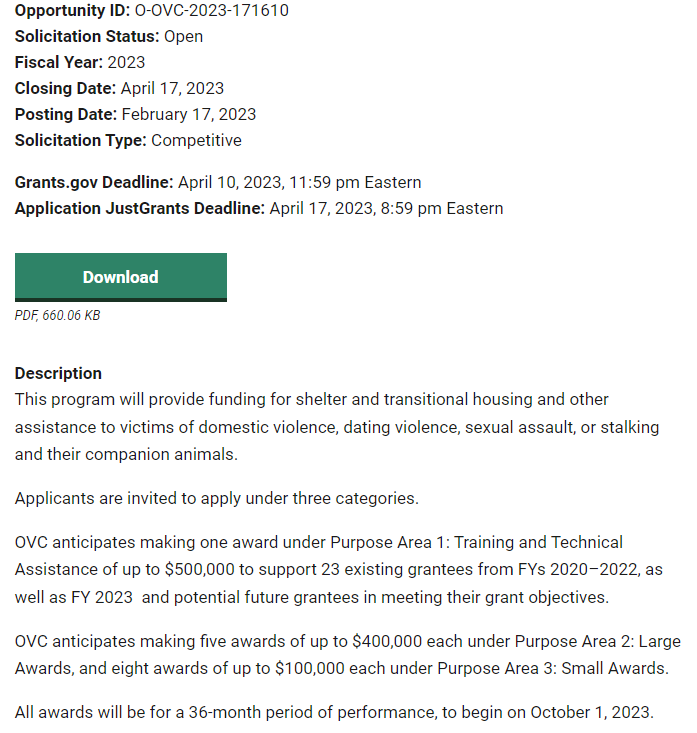 OVC FY 2023 Emergency and Transitional Pet Shelter and Housing