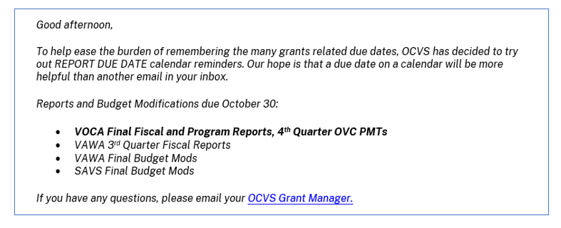 VOCA Reports Due Dates