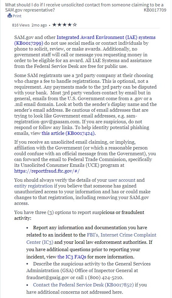 SAM.gov - unsolicited contact and how to report it