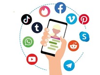 Graphic of a hand holding a cell phone and various app logos surrounding it