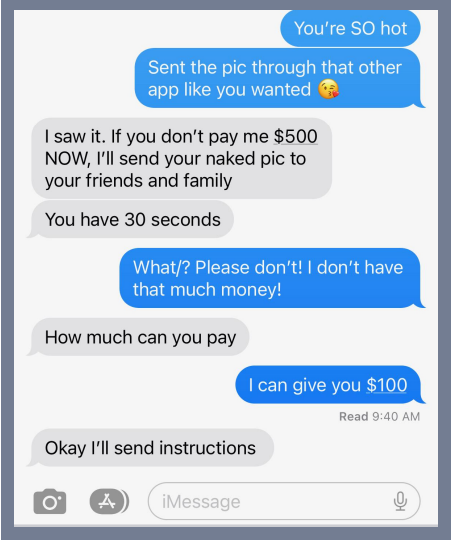 Screenshot of phone screen with sextortion chats