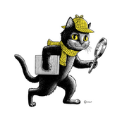 Black cat wearing a yellow hat and carrying a book and holding a magnifying glass 