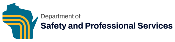 Wisconsin Department of Safety and Professional logo of blue Wisconsin state with 3 yellow lines