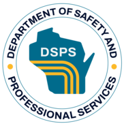 Blue Wisconsin state with 3 yellow lines inside and ring of text around reading Department of Safety and Professional Services 