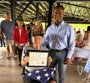 Sec Bond and WWII Veteran Frank Bua on his 100th birthday august 16 2026